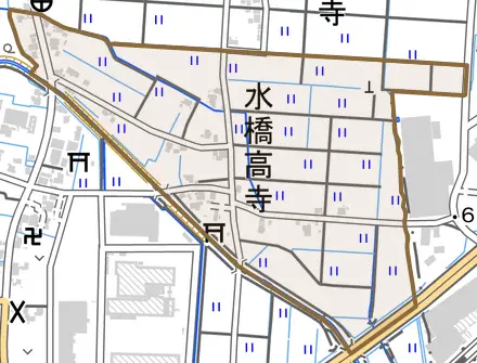 水橋高寺とその周辺の地図。町の範囲を重ねている