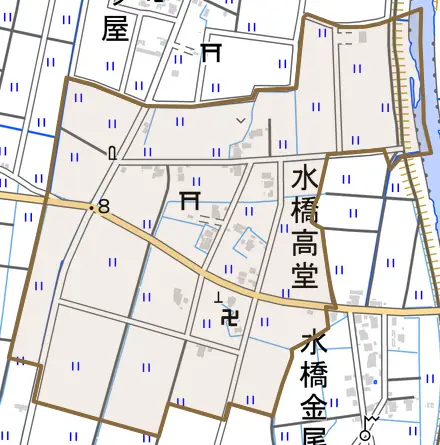 水橋高堂とその周辺の地図。町の範囲を重ねている