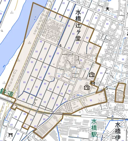 水橋辻ヶ堂とその周辺の地図。町の範囲を重ねている