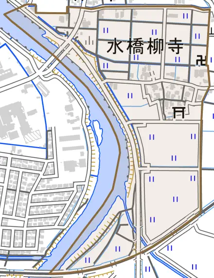 水橋柳寺とその周辺の地図。町の範囲を重ねている