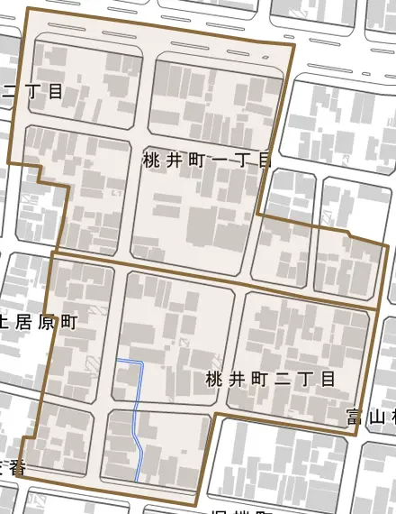 桃井町とその周辺の地図。町の範囲を重ねている