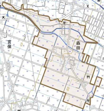 森田とその周辺の地図。町の範囲を重ねている