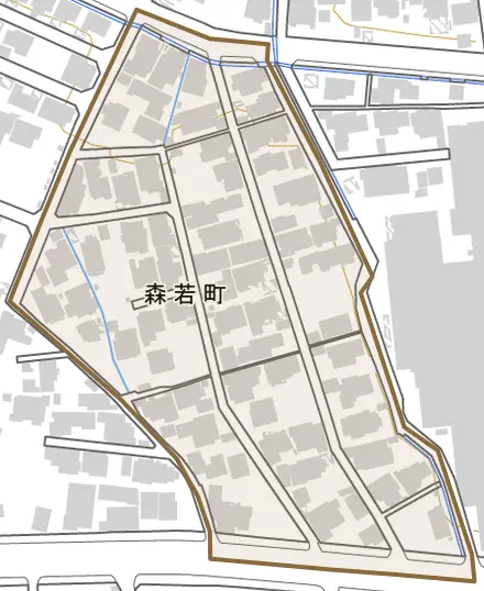 森若町とその周辺の地図。町の範囲を重ねている