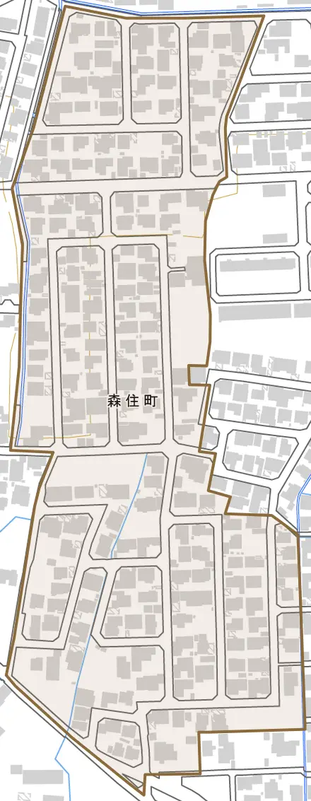 森住町とその周辺の地図。町の範囲を重ねている