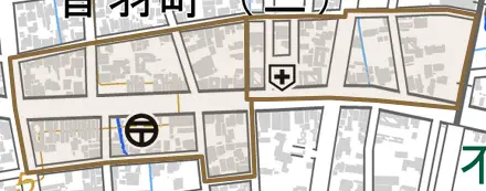 元町とその周辺の地図。町の範囲を重ねている