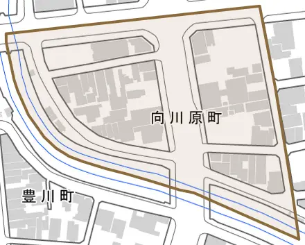 向川原町とその周辺の地図。町の範囲を重ねている