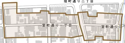 室町通りとその周辺の地図。町の範囲を重ねている