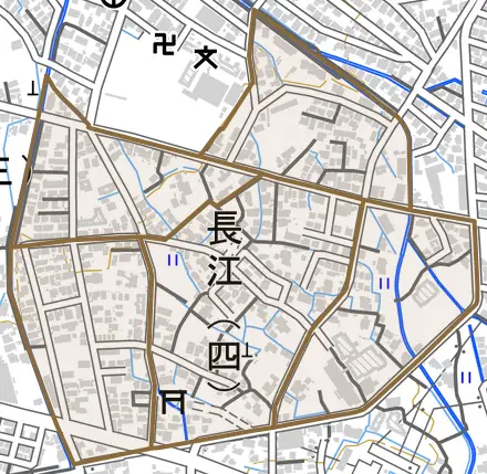 長江とその周辺の地図。町の範囲を重ねている