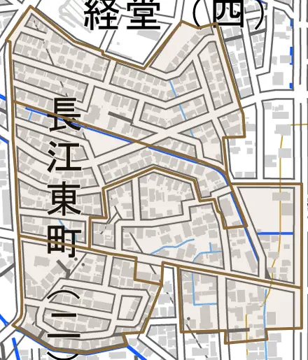 長江東町とその周辺の地図。町の範囲を重ねている