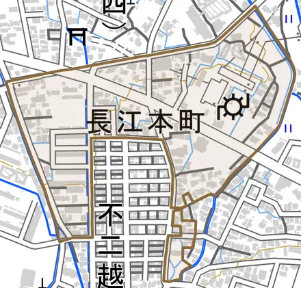 長江本町とその周辺の地図。町の範囲を重ねている