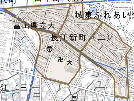 長江新町とその周辺の地図。町の範囲を重ねている