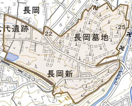 長岡新とその周辺の地図。町の範囲を重ねている