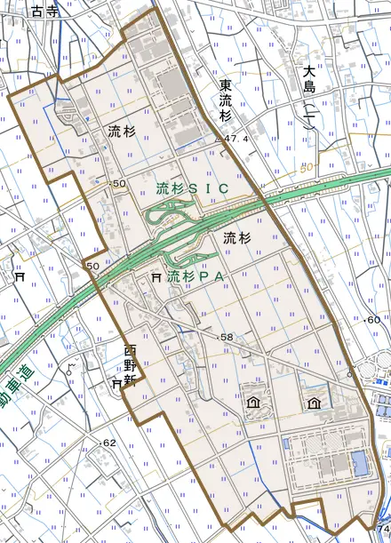 流杉とその周辺の地図。町の範囲を重ねている