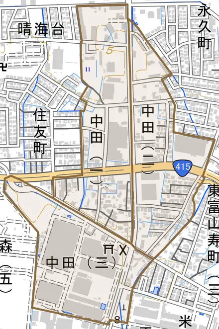 中田とその周辺の地図。町の範囲を重ねている