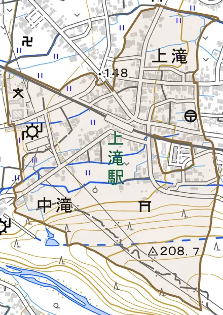 中滝とその周辺の地図。町の範囲を重ねている