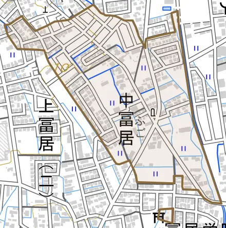 中冨居とその周辺の地図。町の範囲を重ねている