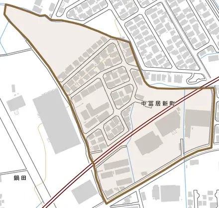 中冨居新町とその周辺の地図。町の範囲を重ねている
