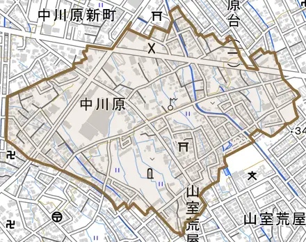 中川原とその周辺の地図。町の範囲を重ねている