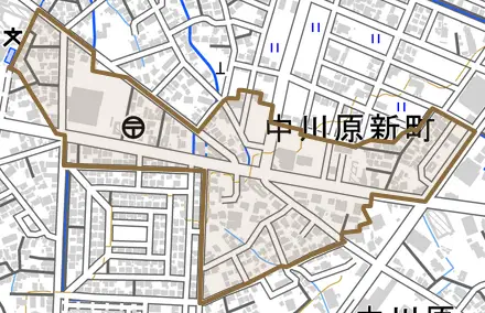 中川原新町とその周辺の地図。町の範囲を重ねている