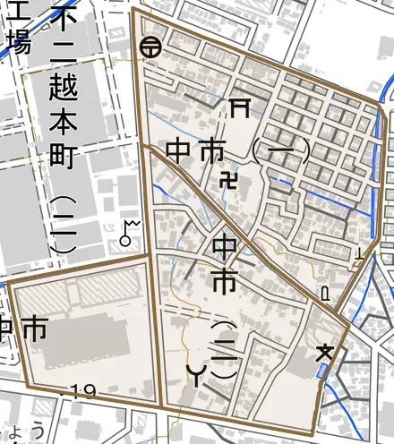 中市とその周辺の地図。町の範囲を重ねている