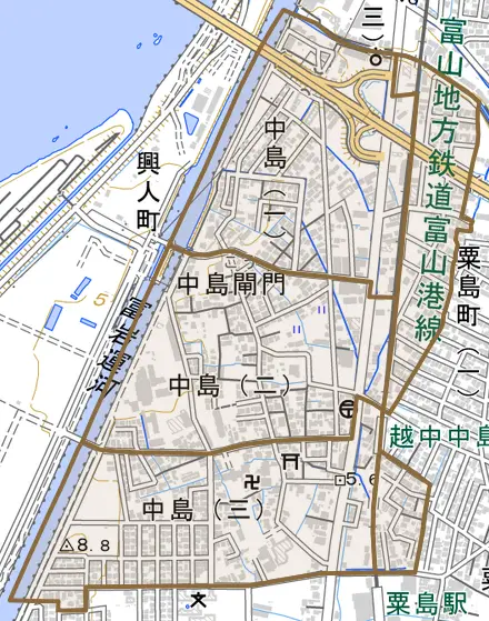 中島とその周辺の地図。町の範囲を重ねている