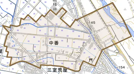 中番とその周辺の地図。町の範囲を重ねている