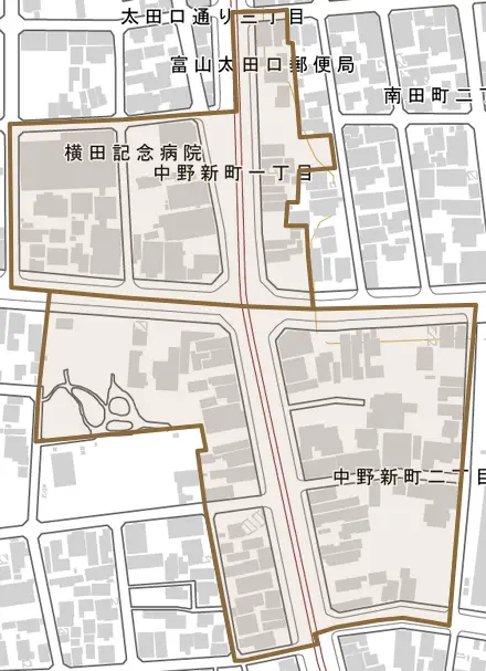 中野新町とその周辺の地図。町の範囲を重ねている