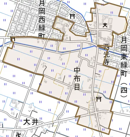 中布目とその周辺の地図。町の範囲を重ねている