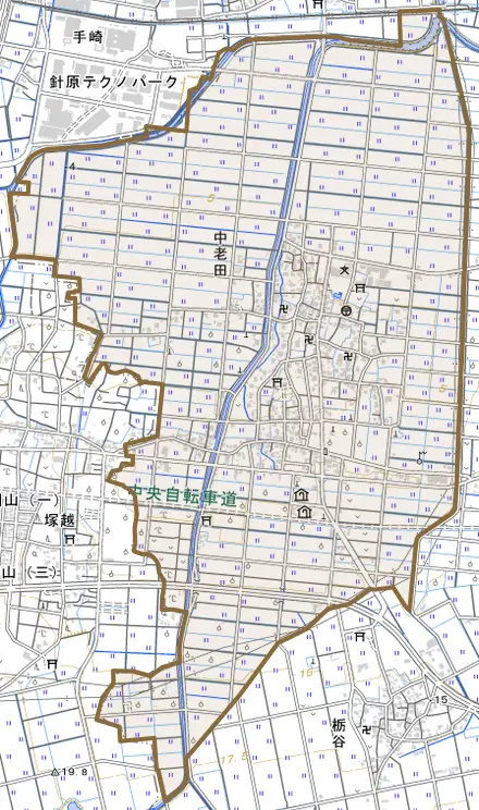 中老田とその周辺の地図。町の範囲を重ねている