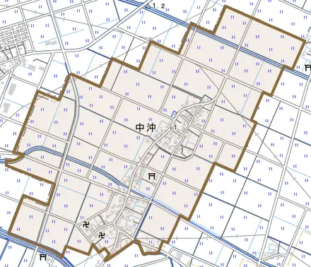 中沖とその周辺の地図。町の範囲を重ねている