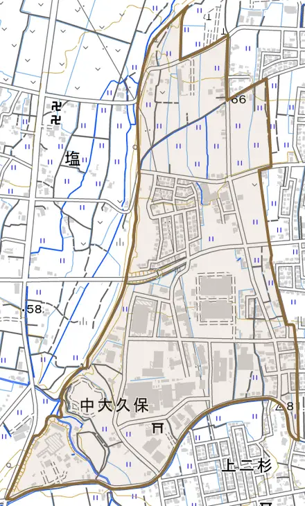 中大久保とその周辺の地図。町の範囲を重ねている