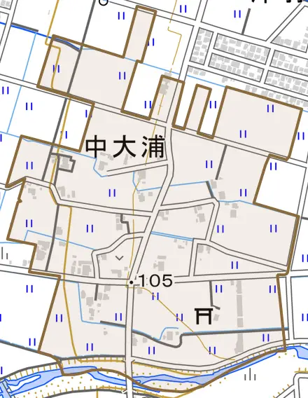 中大浦とその周辺の地図。町の範囲を重ねている