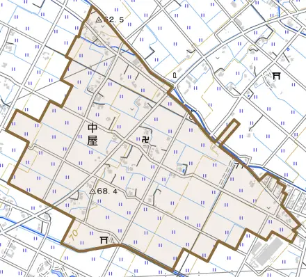 中屋とその周辺の地図。町の範囲を重ねている