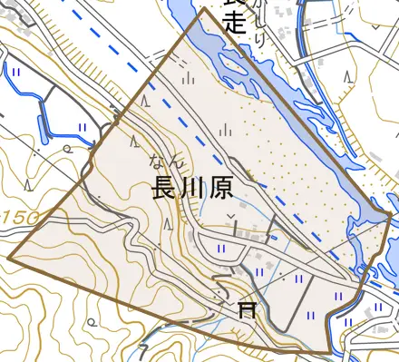 長川原とその周辺の地図。町の範囲を重ねている