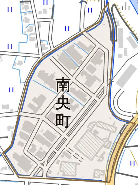 南央町とその周辺の地図。町の範囲を重ねている