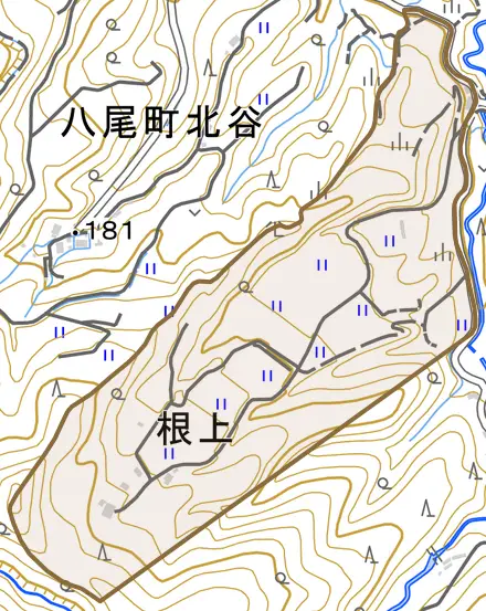 根上とその周辺の地図。町の範囲を重ねている