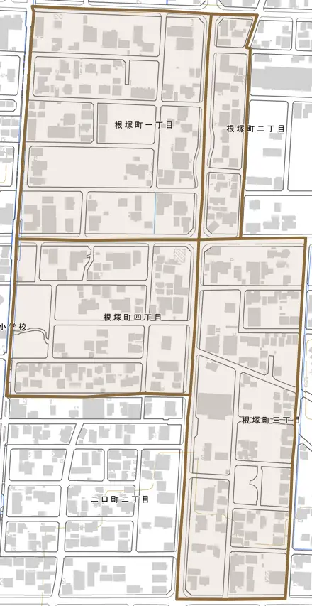 根塚町とその周辺の地図。町の範囲を重ねている