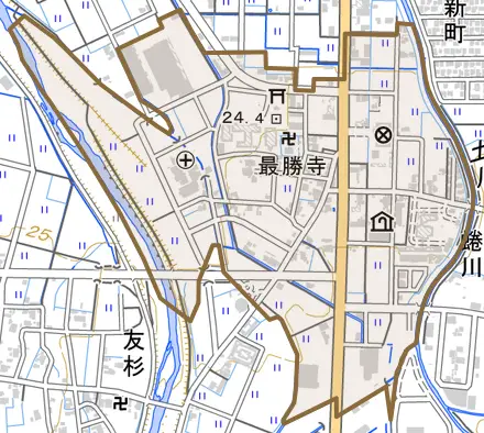 蜷川とその周辺の地図。町の範囲を重ねている