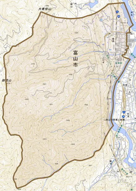 楡原とその周辺の地図。町の範囲を重ねている