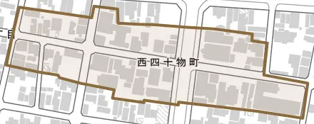 西四十物町とその周辺の地図。町の範囲を重ねている