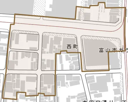 西町とその周辺の地図。町の範囲を重ねている