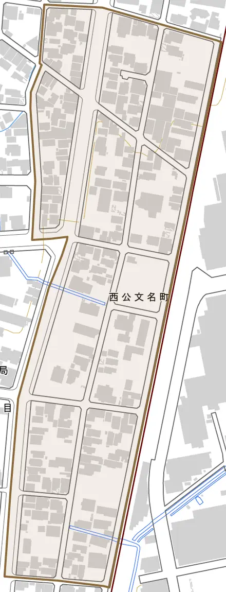 西公文名町とその周辺の地図。町の範囲を重ねている