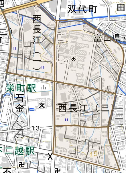 西長江とその周辺の地図。町の範囲を重ねている