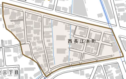 西長江本町とその周辺の地図。町の範囲を重ねている