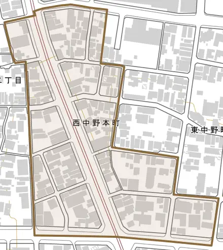 西中野本町とその周辺の地図。町の範囲を重ねている