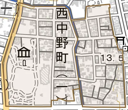 西中野町とその周辺の地図。町の範囲を重ねている