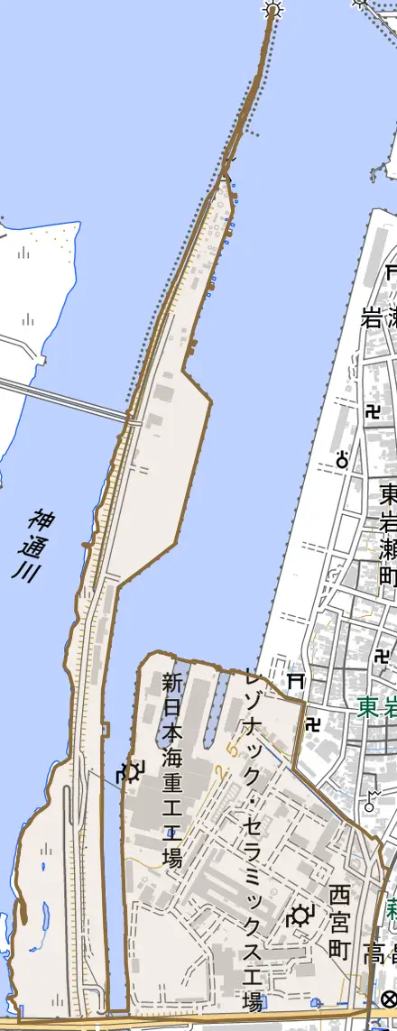 西宮町とその周辺の地図。町の範囲を重ねている