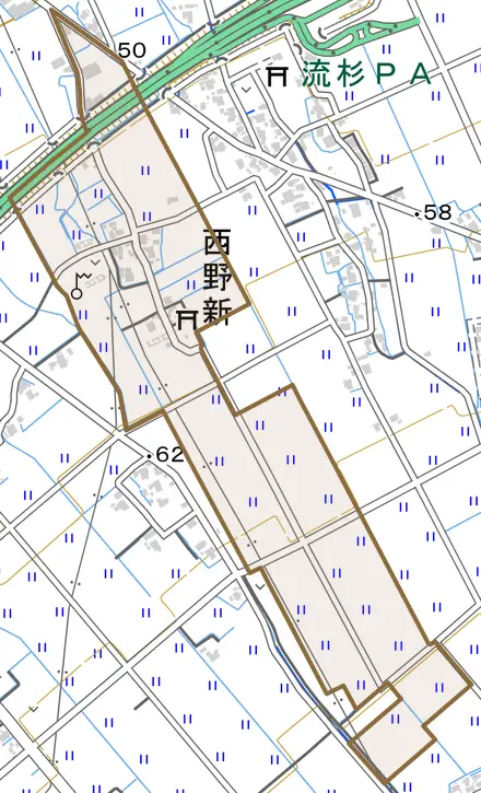 西野新とその周辺の地図。町の範囲を重ねている