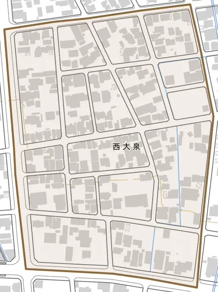 西大泉とその周辺の地図。町の範囲を重ねている