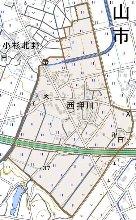 西押川とその周辺の地図。町の範囲を重ねている